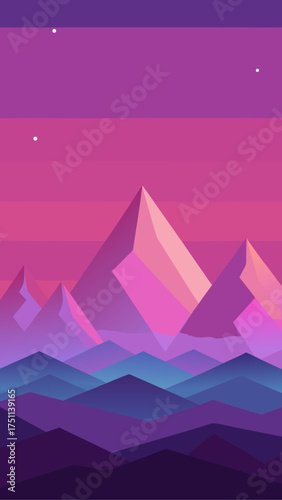 Purple mountains and stars in the night landscape