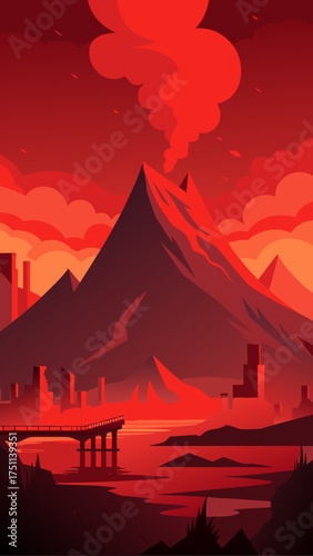 Volcanic landscape with bridge and city silhouette