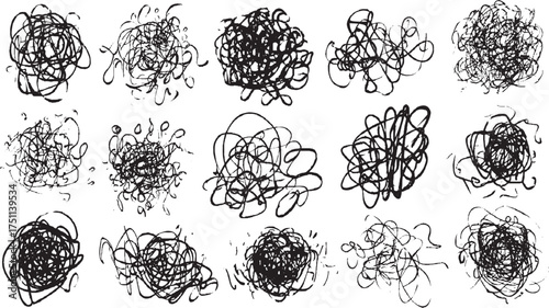 A collection of black ink scribbles forming abstract shapes on a white background.