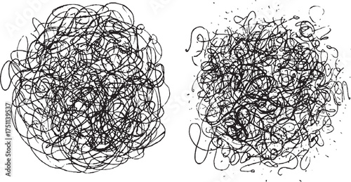 Two abstract black ink scribbles on a white background with scattered dots.