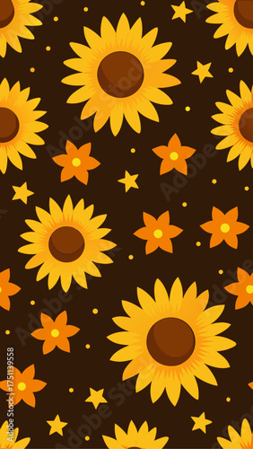 Illustration of sunflowers and stars on dark background