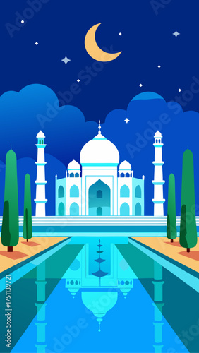Taj mahal under the moonlit sky with its reflection