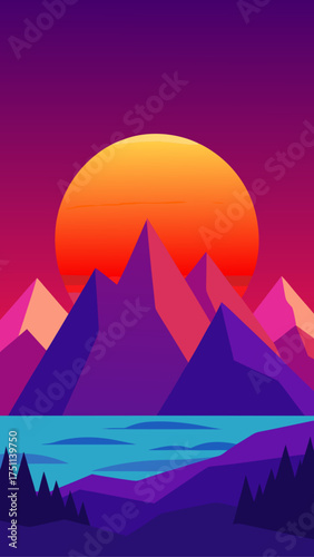 Landscape illustration with mountains and sunset glow