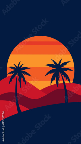 Illustration of palms and sunset on a tropical beach