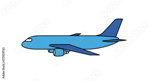 Airplane blue passenger plane for travel and transportation, flying in the sky, side view, vector illustration