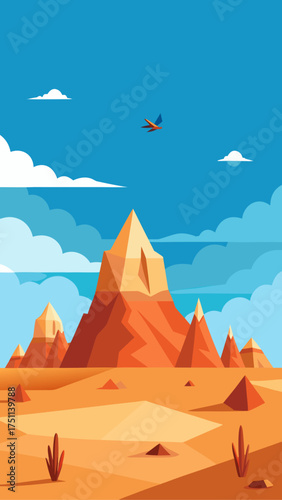 Illustration of desert landscape with bird and clouds