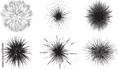 Vector abstract featuring black starburst patterns radiating from center abstract radial. Scalable design...