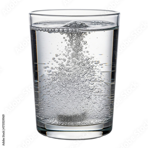 Effervescent tablet dissolving in water glass close up fizzy bubbles sparkling clear liquid  on transparent background