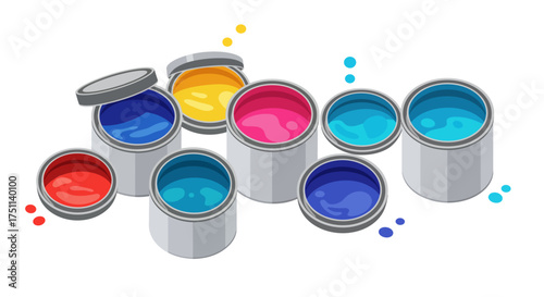 Colorful Paint Cans Illustration: Red Blue Yellow Pink and Turquoise.