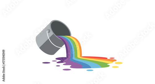 Overturned Bucket with Flowing Rainbow Paint Colorful Illustration.