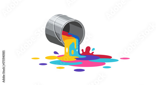 Colorful Paint Pouring from a Metal Can Creating Vibrant Splashes.