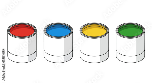 Four Paint Cans with Red Blue Yellow and Green Paint Colors.