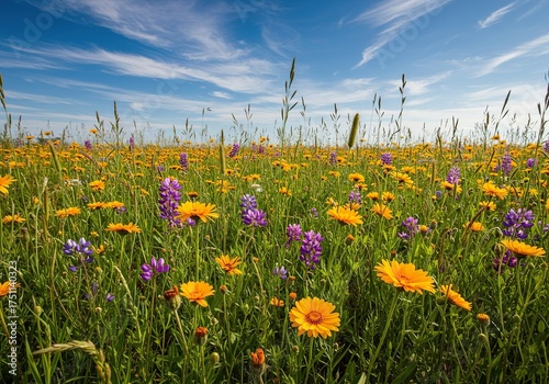 A sun-drenched meadow bursting with colorful wildflowers under a clear blue sky, evoking the warmth and beauty of a perfect summer day ,greenery ,field ,tranquil