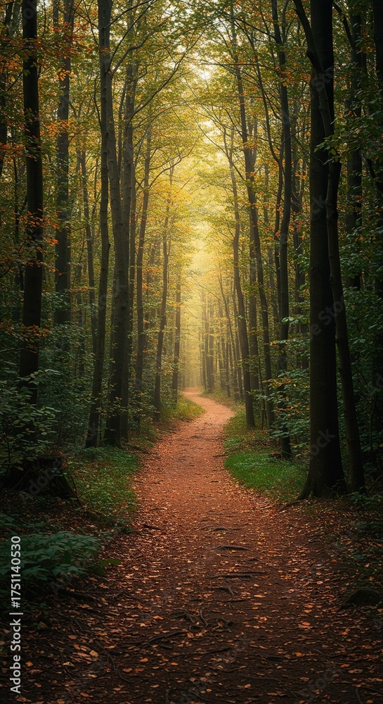 Fototapeta premium A winding path disappears into a dense forest, inviting escape and exploration, symbolizing a journey toward an unknown destination ,natural ,woods ,remote