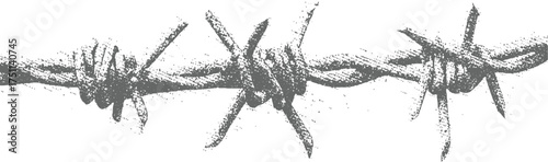 A close up of grey barbed wire with sharp points against a white background.
