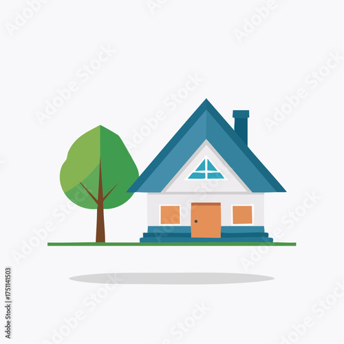 Illustrated depiction of a simplistic dwelling alongside a stylized arboreal element