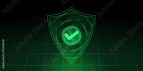 internet security concept, glowing green shield with geometric lines in the dark