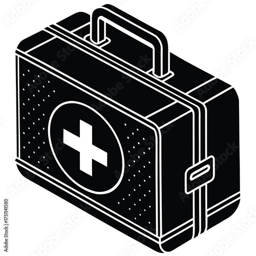 Black and White Isometric First Aid Kit with Medical Cross Symbol medical kit emergency kit