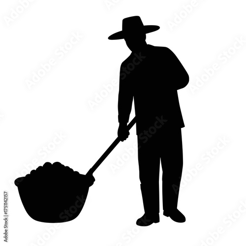 Farmer working with shovel in silhouette against white background  