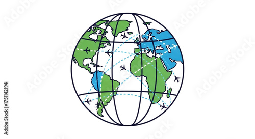 Worldwide air travel routes global aviation network, international flights, and tourism concept vector illustration