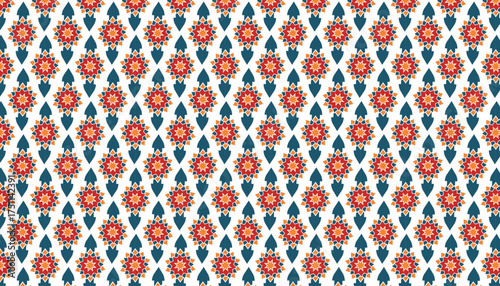 Geometric seamless arabesque traditional islamic pattern with blue and red floral motifs in symmetry perfect for textile tiles wallpaper architecture and decorative design