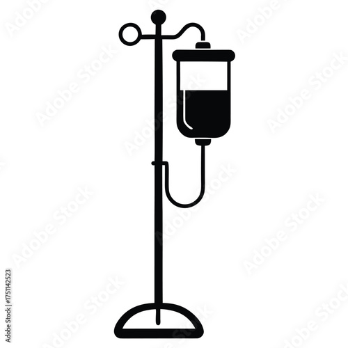 Black Silhouette Icon of an IV Drip Stand with Fluid Bag and Tube Keywords: IV drip stand, intravenous