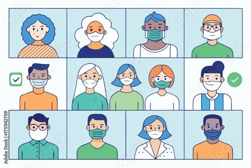 Diverse people wearing face masks in a video call grid