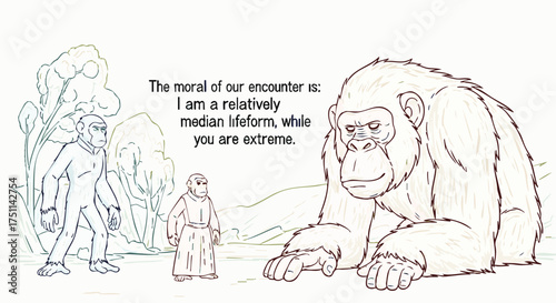 Conceptual illustration Giant ape, early human, and robed figure discuss life's spectrum, from median to extreme, in a thoughtful evolutionary dialogue within nature