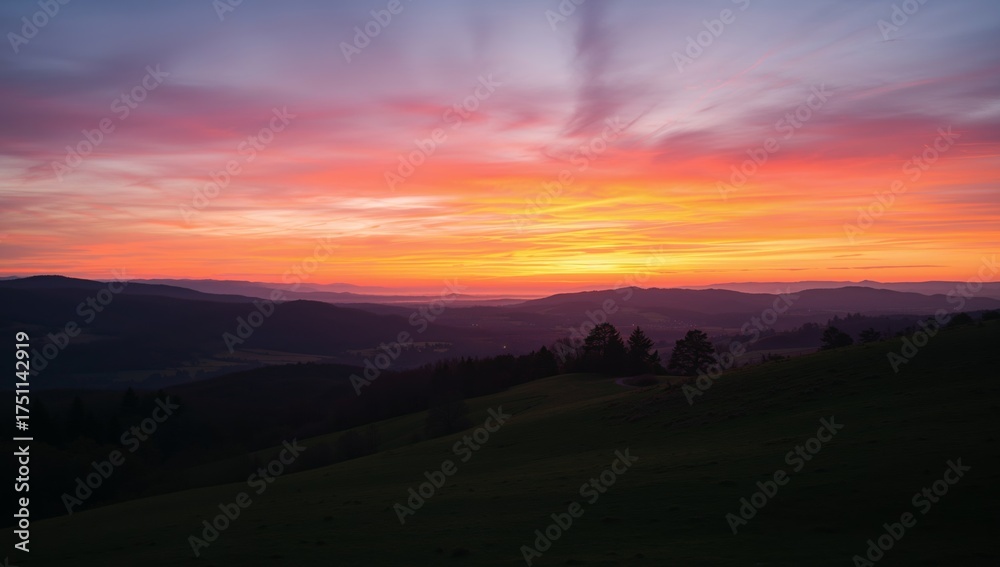 Obraz premium Crimson Sky, Rolling Hills. A Landscape of Warm Hues and Shadowed Forms.