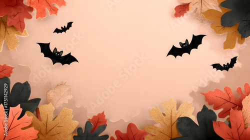 Colorful leaves surround playful bats as they fly through the air in a festive Halloween atmosphere
