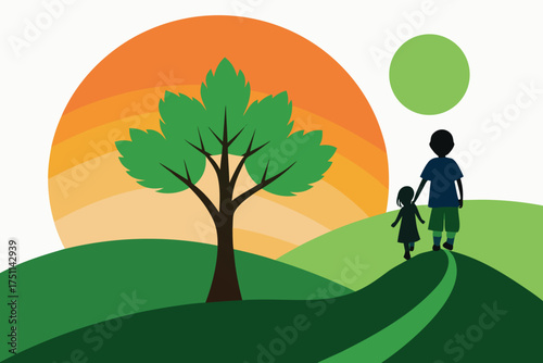 Siblings walking on path with large sun and tree children