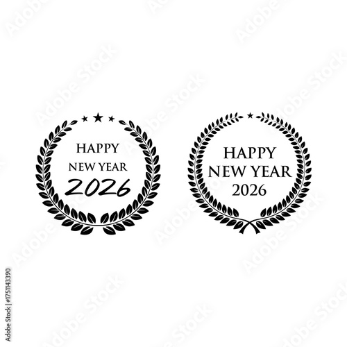 Happy New Year 2026 Laurel Wreath Badges Set Vector