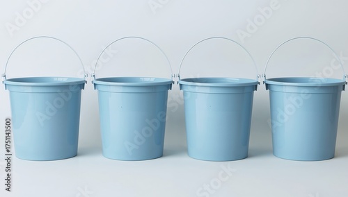 Four Pale Blue Buckets in a Row, Minimalist Design, Smooth Surface, Simple Composition.