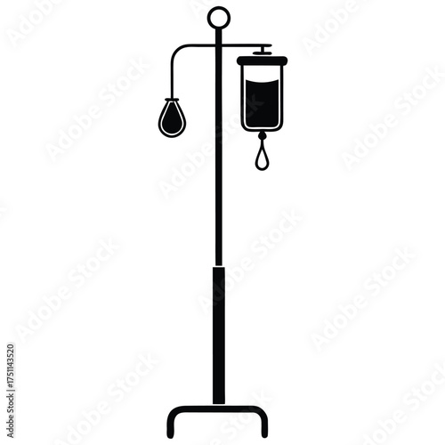 Black silhouette of an IV drip stand with bag on a white background IV drip intravenous