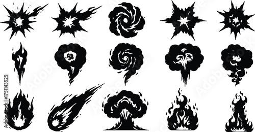 A Set of Fire and explosion silhouette style vector illustrations for video and print, Hand drawn explosion, bomb element stock illustration