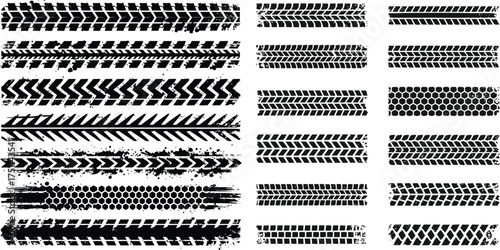 Black tire track element design collection for a seamless pattern border illustration on a white background. tire mark, Drift show,