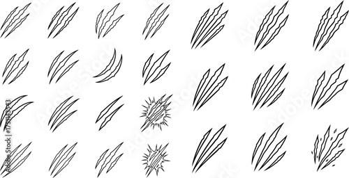 Claw mark and scratch design, realistic vector illustration, wild animal attack scars, isolated on white, stock art for danger and beast themes.