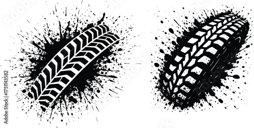 Grit and Rubber, Tire mark, The Splatter of Speed, Two aggressive tire tracks emerge from a chaotic ink splatter, capturing the raw power and dirty essence of off-road racing and rugged adventure. 