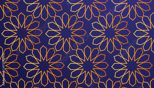 Luxury seamless gold islamic ornamental geometric pattern on purple gradient background arabesque star design elegant ornament perfect for architecture textile and decor