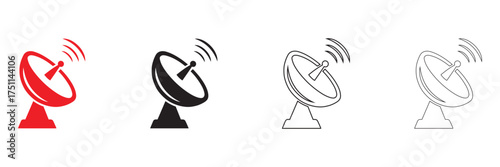 Satellite Dish Antenna vector Icon, radar signal transmitter receiver symbol vector, silhouette and line art