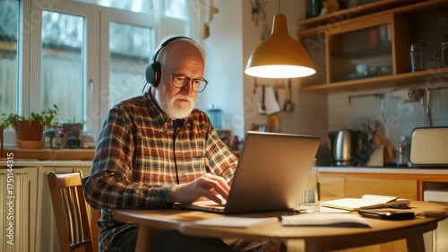 Senior man edits mobile vlog content with laptop and phone in cozy kitchen. Perfect for digital storytelling visuals.