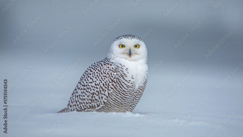 Fototapeta premium Portrait of a Bird. White Plumage and Intense Yellow Eyes against a Soft Blue Hue.