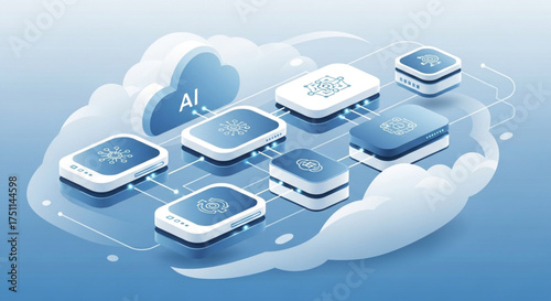 Isometric cloud computing network with ai integration, showcasing data processing and machine learning capabilities in a modern tech environment