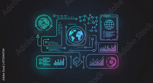Futuristic global data visualization with glowing neon lines and charts, depicting advanced technology and data analysis on dark background