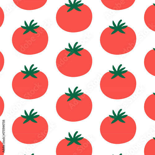 Minimal flat seamless pattern with red tomatoes on white background. Fresh organic vegetable design for packaging, fabric, eco branding, and healthy lifestyle themes.