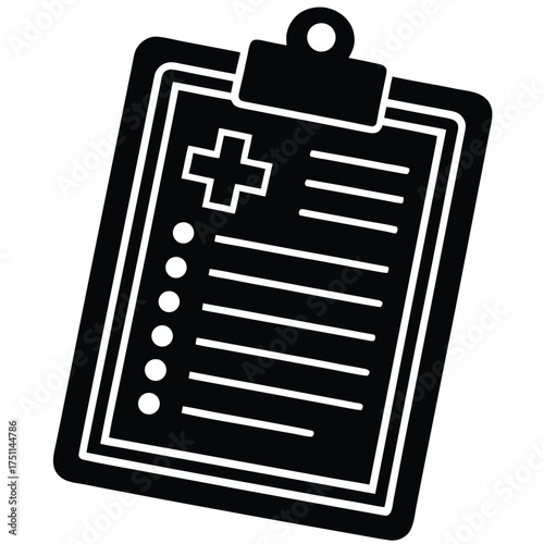 Black silhouette of a medical clipboard with a cross and checklist health document