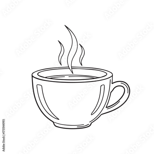 Simple Hand-Drawn Illustration of a Steaming Cup of Hot Beverage in Outline Style, Perfect for Various Design Needs