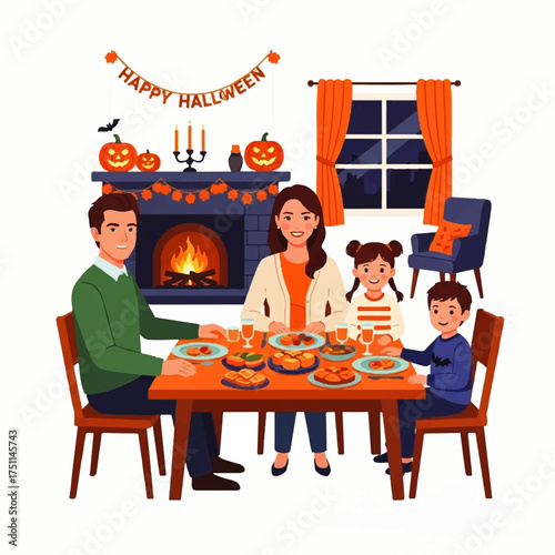 Family celebrating Halloween with a festive dinner at home.