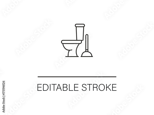 Simple toilet and plunger outline for bathroom cleaning or plumbing services offering modern home solutions with an editable stroke feature.