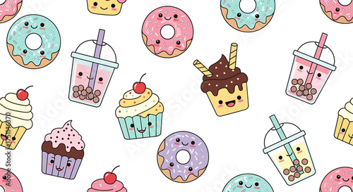 Cute Kawaii Desserts and Drinks Seamless Pattern